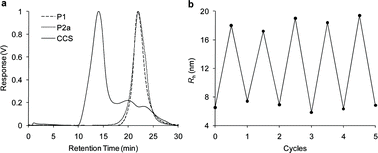 (a) Differential refractive index (dRI) GPC trace (in DMF 0.6 mL min−1) displaying the formation of CCS polymer. (b) pH-Triggered CCS polymer assembly and disassembly, going from pH 5.5 (cycles 0, 1, 2, 3, 4 and 5) to pH 11.0 (cycles 0.5, 1.5, 2.5, 3.5 and 4.5).