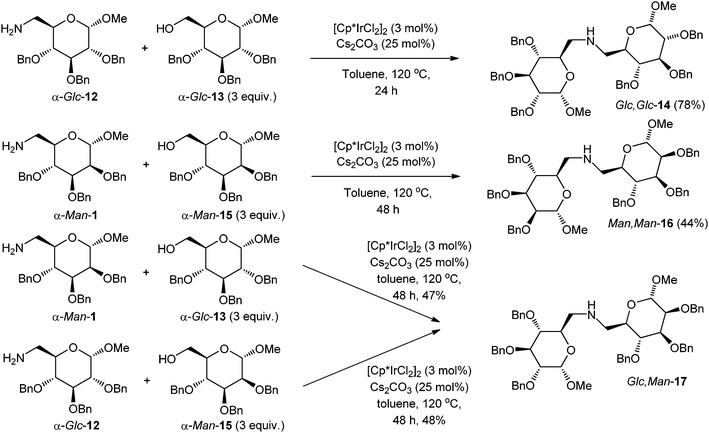 Synthesis of pseudodisaccharides by amination of primary carbohydrate alcohols.