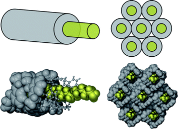 Top: schematic of sheath core structures typical of most of these HC diamine complexes. The “insulated wires” form close packed bundles, although, as these sheath core assemblies exhibit 2-fold symmetry in cross-section, these are not hexagonal close-packed structures. Bottom: illustrated by space filling diagrams of complex 2b.