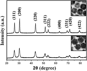 
          XRD spectra of the PbS nanoflowers (bottom) and cubic-like hollow PbS particles (top).