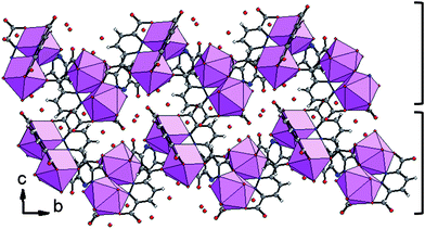 View showing the stacking of two corrugated layers [Ln2(H2O)4(pzdc)3] intercalated by water molecules in 1–4, along the c axis.