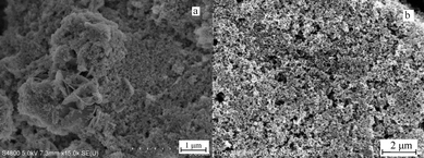 
          FE-SEM images of Bi2WO6 obtained at different reaction temperatures for 5 min: (a) 160, (b) 140 °C.