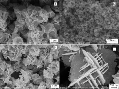 
          FE-SEM images of Bi2WO6 obtained with different amount of HMT or HNO3: (a) in the absence of HMT; (b) with 2 mmol HMT; (c) and (d) in the absence of HNO3.