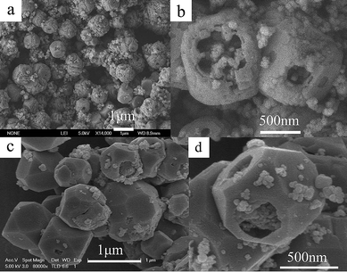 
          FESEM images of the products obtained at 150 °C for 5 h (a, b) and 15 h (c, d).