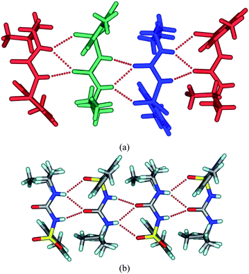 (a) The crystal structure of TBM at 100 K. The three symmetry-independent molecules form a urea tape-like 1D chain structure along the b-axis. The terminal atoms of the butyl chain in two molecules are in an anti conformation (green, blue) and one is in a gauche conformation (red). (b) The urea tape motif in the room temperature structure. The butyl chain terminal atoms are in a gauche conformation.