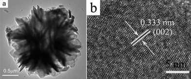 
            TEM image (a) and HRTEM image (b) of the Cu3V2O7(OH)2·2H2O micro/nanocomposite structure.