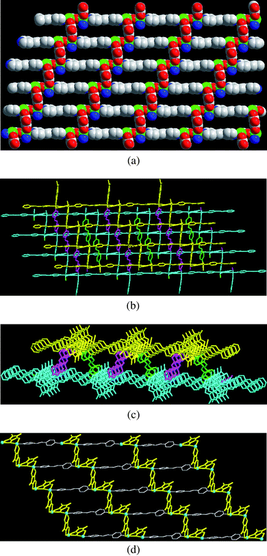 (a) A 2D brick-wall-like layer MOF of 1 with the rectangle grid as the basic building block. (b) Clear view of the 2D bi-layer MOF with two layers (yellow, upper layer and blue, lower layer) cross-linkage by bpe ligands (pink and green). (c) 1D alternative trapezoid, inverse-trapezoid chain in the bi-layer viewing along a-axis. (d) 2D layer attributed to bpe ligands (white) linking the 1D zig-zag alternating magnetic chains by croconate ligands (yellow).