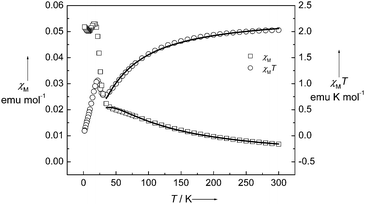 Temperature dependence of magnetic susceptibilities of 1 from 300 to 1.8 K in the form of χM (□) and χMT (○) vs T. The solid lines are the best fitting, as described in the text.