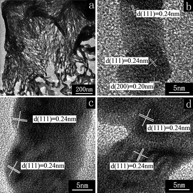 
          HR-TEM images of a loose wall (a), the top of a fiber (b), the middle of a fiber (c), and a fiber branch (d) in the as-prepared hollow cubic Ag boxes.