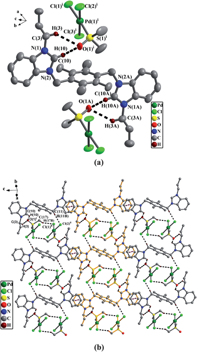 
            (a) Perspective view of 2a and anisotropic displacement parameters depicting 30% probability. All hydrogen atoms except those participating in the C–H⋯O hydrogen bonds were omitted for clarity. Selected bond lengths (Å) and angles (°): N(1)–C(10) 1.332(8), Pd(1)–S(1) 2.239(1), Pd(1)–Cl(1) 2.341(1), Pd(1)–Cl(2) 2.328(1), Pd(1)–Cl(3) 2.348(1); Cl(1)–Pd(1)–Cl(2) 92.1(6), Cl(1)–Pd(1)–Cl(3) 89.0(6), Cl(2)–Pd(1)–Cl(3) 176.9 (7), S(1)–Pd(1)–Cl(2) 88.6(6), S(1)–Pd(1)–Cl(3) 90.2(6), N(1)–C(10)–N(2) 111.0(6). (b) The 2D supramolecular layers by the π–π interactions, C–H⋯O hydrogen bonds and C–H⋯Cl hydrogen bonds in 2a. All hydrogen atoms except those participating in the hydrogen bonds were omitted for clarity.