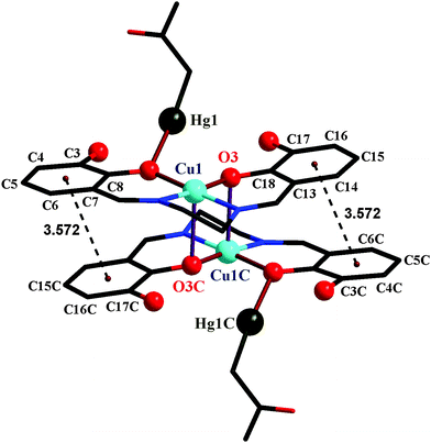 Perspective view of [CuIILHgII(CH2COCH3)](ClO4) (3) demonstrating the dimeric self-assembly resulted due to π–π stacking interactions and copper(ii)⋯phenolate semi-coordination. Symmetry code: C, −x, −y, 1 − z.