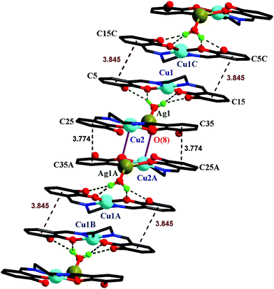 Perspective view of [{CuIILAgI(H2O)}{CuIIL}](ClO4) (4) demonstrating the one-dimensional self-assembly resulted due to π–π stacking interactions and copper(ii)⋯phenolate semi-coordination. Symmetry code: A, −x, 2 − y, −z; B, −1 + x, y, z; C, 1 − x, 2 − y, −z.