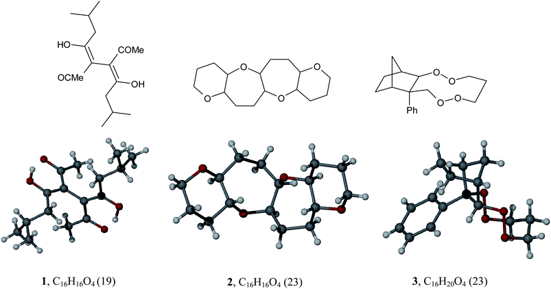 Structures with identical formulae but a different number of connections (1 and 2) and with the same number of non-hydrogen atoms but a different overall formula (3). The number of connections for each structure is shown in brackets.