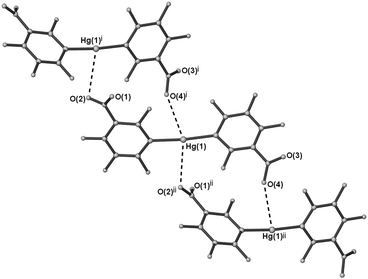 Ball and stick representation of 2b showing head to tail m-NO2 bridging of [Hg(C6F4-m-NO2)2] molecules with supramolecular Hg⋯O contacts as dotted lines. Symmetry operators: (i) ½ + x, ½ − y, ½ + z and (ii) x − ½, ½ − y, z − ½.