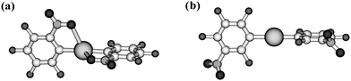 Gas-phase optimized minimum-energy structures of [Hg(C6F4-o-NO2)2] and [Hg(C6F4-m-NO2)2].