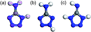 Molecular structures of (a) 5-amino-1H-tetrazole [5-ATZ 1H-form], (b) 5-amino-2H-tetrazole [5-ATZ 2H-form], and (c) 5-imino-1H,4H-tetrazole [5-ITZ, imino-form].