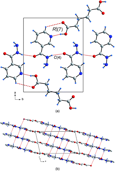 (a) The primary heterosynthon and homosynthon between the niazid and adipic acid molecule resulting in a planar relative arrangement. The planar sheets are stacked plane-to-plane and connected by hydrogen bonds of the amine protons to the O atoms of adjacent sheets.