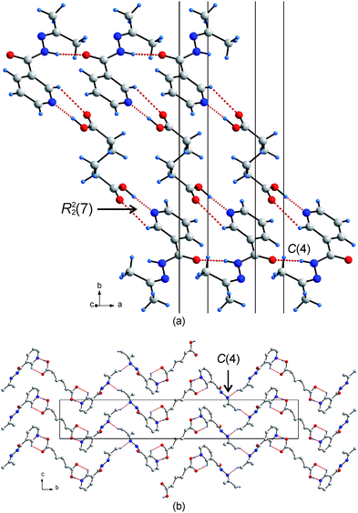 (a) The primary heterosynthon and homosynthon between the p-niazid and adipic acid molecule resulting in a ribbon arrangement. (b) The 1-D ribbons align in a herringbone fashion and are connected via a C–H⋯N hydrogen bond to form a C(4) chain.
