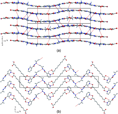 The similar crystal architecture of co-crystals 5 (a) and 6 (b), mimicking those of 3 and 4 respectively.