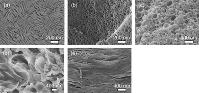 Cross-sectional SEM images of mesoporous silica films prepared from (a) Solution A, (b) Solution B, (c) Solution C, (d) Solution D, and (e) Solution E, respectively. The weight ratios of TEOS of block copolymer are 10 (Solution A), 6.6 (Solution B), 3.4 (Solution C), 1.6 (Solution D), and 0.8 (Solution E), respectively.