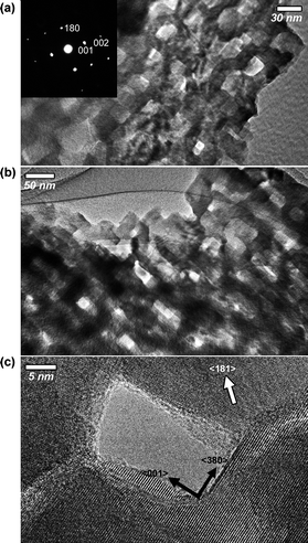 
          TEM images of mesoporous niobia thin films after calcination at 600 °C (with an orthorhombic T-phase). TEM images with the incident electron beam (a) parallel and (b) perpendicular to the long axis of the cuboid shaped mesopores. The inset image indicates the ED patterns of the observed area in (a).