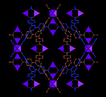 A view of the structure of MOF-14 showing the two interpenetrating network of tridentate links in blue and orange. The purple polyhedra represent five-coordinate Cu(ii)-centres as found in the fully solvated material. Drawn using crystal data from ref. 32.