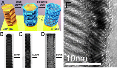 Illustrations of radial nanowire heterostructures. (a) Schematics of the crystal structure transfer from core to shell. The core is a GaP nanowire composed of twin segments with alternating orientation, a twinning superlattice (TSL). A Si shell is grown around the GaP core and after shell growth the core is selectively etched, resulting in a Si tube. (b, c, d) TEM images of (b) a TSL GaP nanowire, (c) a TSL GaP nanowire with a Si shell, and (d) a remaining Si shell after selective etch of core. (e) High-resolution TEM image of a Si shell after core removal. Reprinted with permission from ref. 64. Copyright 2011 American Chemical Society.