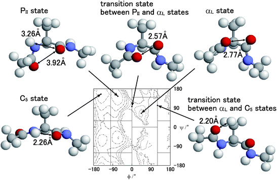 Typical conformations of the alanine dipeptide and contour maps of the potential of mean force A(ϕ, ψ) at T = 300 K obtained by the partial multicanonical MD simulation in the case of E1 = Eslt–slttor + Eslt–sltelec + Eslt–sltLJ.