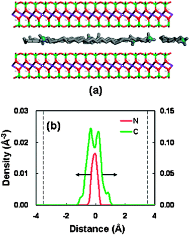 (a) Snapshot of the equilibrium structure at a basal spacing of 13.56 Å for OM. The montmorillonite silicon atoms are drawn in green, oxygen in red, aluminium in purple, magnesium in yellow, and hydrogen in white. The ODTA + nitrogen atoms are in blue and alkyl chains in grey. (b) Density distributions of the surfactant at a basal spacing of 13.56 Å (nitrogen in red, alkyl chain in green); the dashed line represents the silicate surface.
