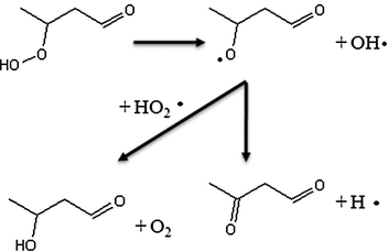 Examples of pathways of formation of C4 molecules including either two carbonyl groups or one carbonyl and one alcohol starting from a C4 ketohydroperoxide molecule.