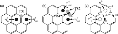 (a) Isomerisation from η6in to η6out; (b) displacement between η6out values. The gray circles correspond to transition state (TS1 and TS2), while the black ones are stable structures including intermediate (IM). (c) The labeling to specify the geometry. See Table 5.