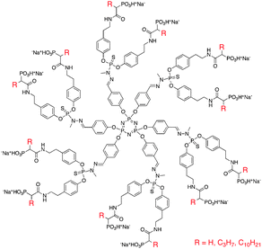 Structure of poly(phosphorhydrazone) dendrimers evaluated as antiviral agents.