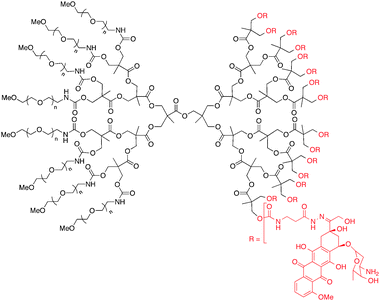 Chemical structure of asymmetric polyester bowtie dendrimer with doxorubicin conjugated by acyl hydrazone linkers.