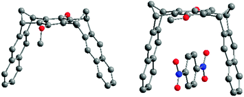Single-crystal structures of molecular clip 2A (left) and complex p-DNB@2A (right).