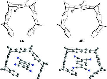 Structures of tetramethylene-bridged molecular tweezers 4A and 4B. X-Ray structures of complexes TCNQ@4A (left) and TCNQ@4B (right).