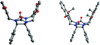 X-Ray structures of diphenylglycoluril molecular clips 7d (left) and 8 (right).