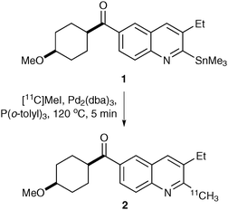 Radiosynthesis of PET imaging agent 2 using a Stille reaction.