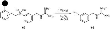 Radiosynthesis of n.c.a. [131I]-mIBG 63 using a resin supported tin precursor.