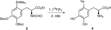 Synthesis of 6-[18F]fluoro-l-dopa 4 by electrophilic fluorination.