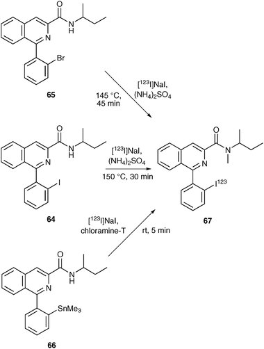 Radiosynthesis of [123I]-PK11195 67 from I-PK11195 64, Br-PK11195 65 and Me3Sn-PK11195 66 precursors.