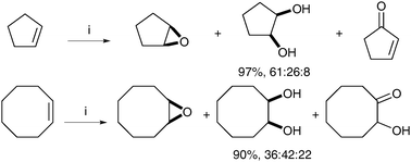 
              Reagents and conditions: (i) Mn-tmtacn (0.1 mol%), GMHA (25 mol%), H2O2, MeCN, 0 °C, 5 h.