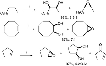 
              Reagents and conditions: (i) Mn-tmtacn (0.1 mol%), 2,6-dichlorobenzoic acid (3 mol%), H2O2 (1.3 eq.), MeCN, 0 °C, 5 h.