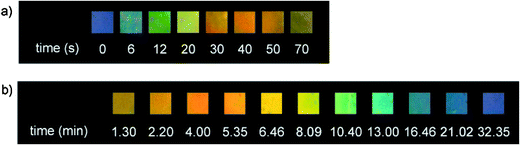 Colour change with time of an LC film of E7 doped with molecular motor 1 (see Fig. 11) (6.8 wt%) (a) upon irradiation with 365 nm light and (b) during thermal helix inversion. The depicted colours are photographs of the LC sample taken perpendicular to the surface of the film, recorded at room temperature during both processes. (Reprinted with permission from ref. 58. Copyright 2006 Wiley-VCH Vrlag GmbH & Co. KGaA.)