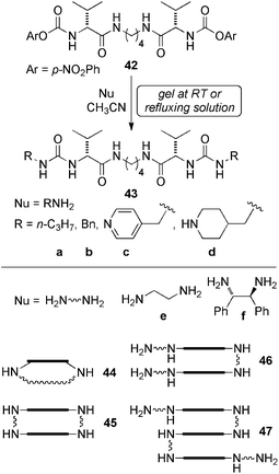Reactive organogel 42 and its reaction with a variety of primary amines. Rectangles in the products 44–47 represent peptidomimetic backbone.132,133