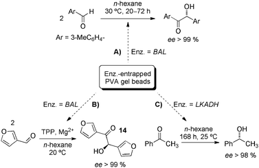 Representative biotransformations performed by enzymes-containing polymer hydrogels.59,61