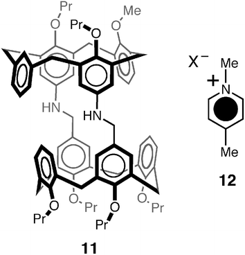 Structural formulae of the calix[4]arene host 11 and the N-methylpicolinium guest 12 studied by Iwamoto et al.36 The electrostatic stabilisation of guest 12 ion-pairs was found to correlate with the host–guest binding enthalpies.