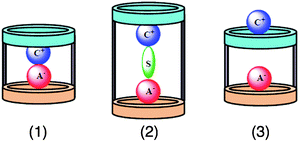 Three limiting ion-pair recognition motifs identified by Sessler and coworkers:58 (1) contact/intimate ion-pair, (2) solvent-bridged ion-pair, and (3) host- or ligand-separated ion-pair. Reprinted with permission from ref. 58. Copyright 2010 American Chemical Society.