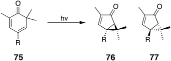 The irradiation of cyclohexadienone 75 to give diastereomers 76 and 77.