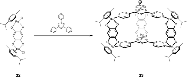 Self-assembly of host 33 from strut 32 and triazine ligand.