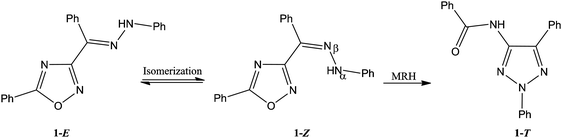 
              Rearrangement of 3-benzoyl-5-phenyl-1,2,4-oxidiazole.